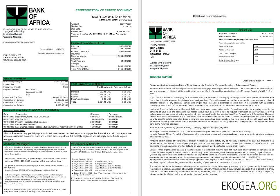 Relevé hypothécaire de l'Ouganda Bank of Africa aux formats Word et PDF, 3 pages 1 , 2
